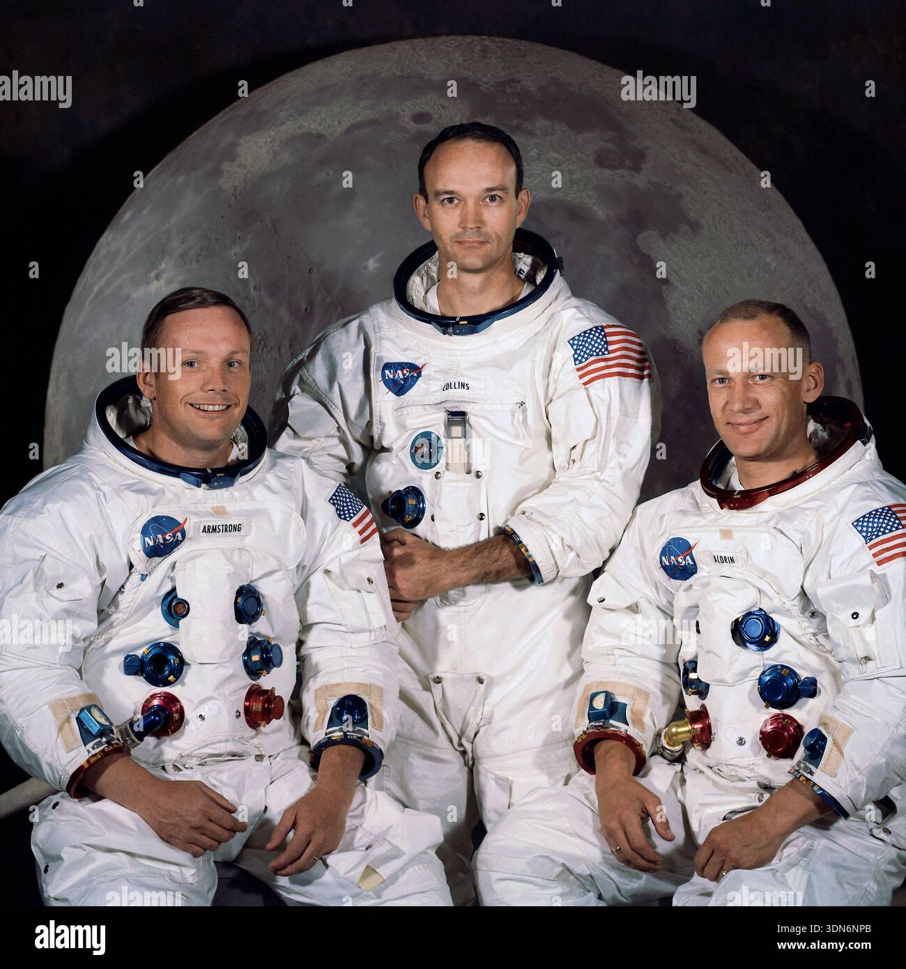 Ritratto ufficiale dell'equipaggio della missione di atterraggio lunare dell'Apollo 11 con il comandante Neil Armstrong, il pilota del modulo Michael Collins e il pilota del modulo lunare Edwin "Buzz" Aldrin. (USA) Foto Stock