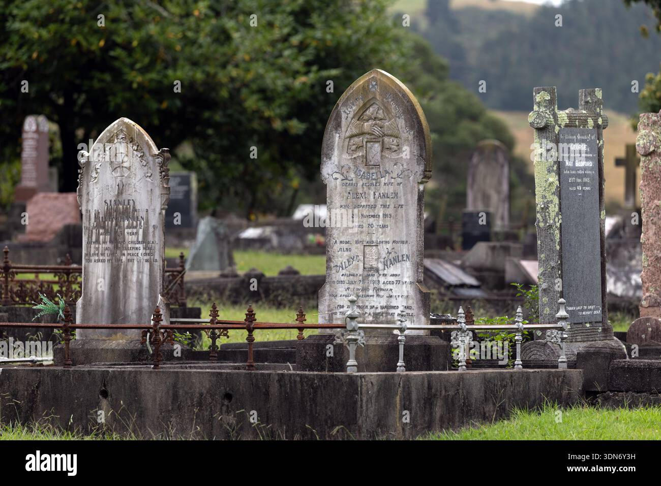 Lapidi storiche in un cimitero di Tauranga, Bay of Plenty, North Island, nuova Zelanda. Foto Stock