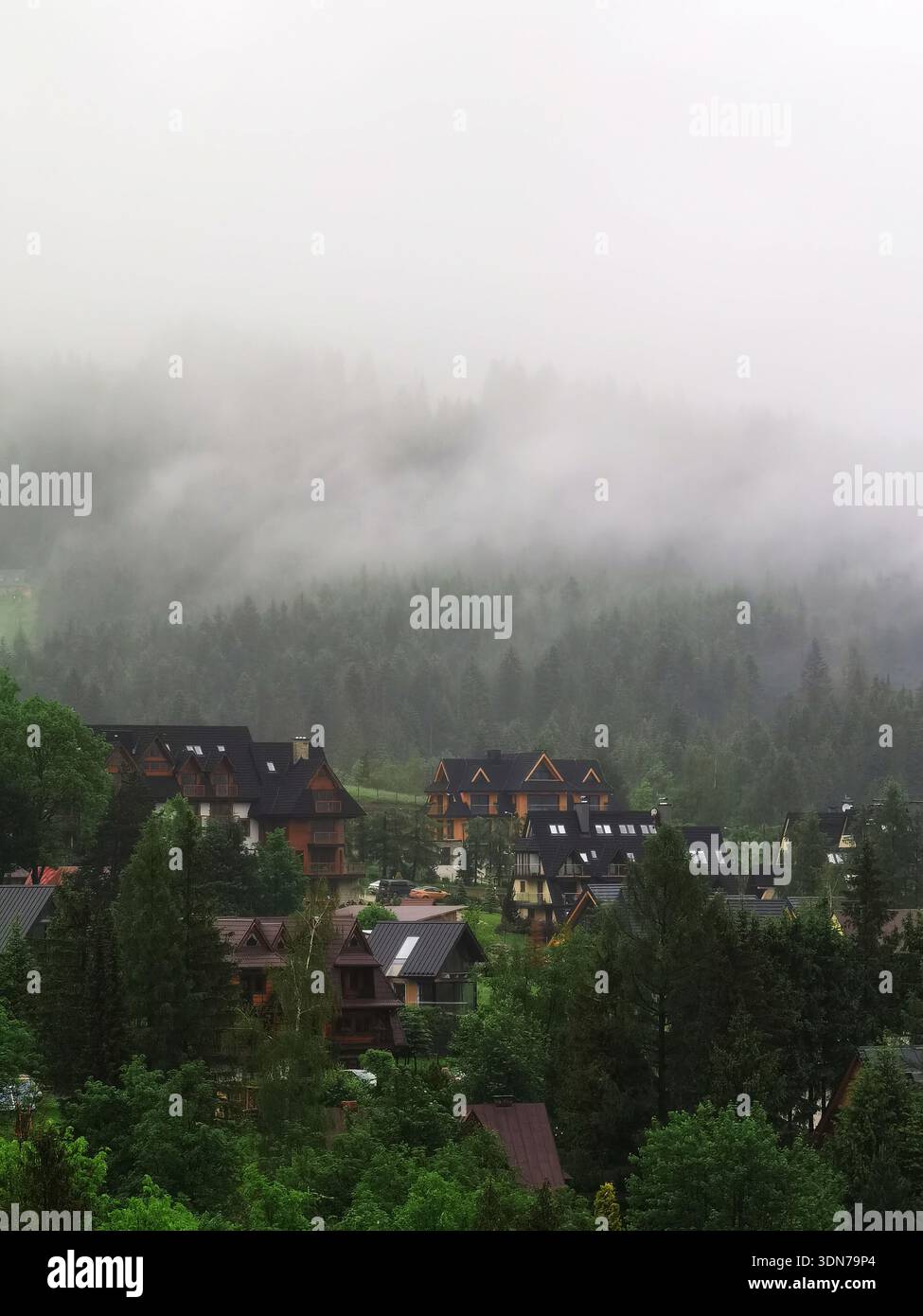 Misty Mountain Village in una Foggy Forest Valley - Immagine stock catturata con smartphone
