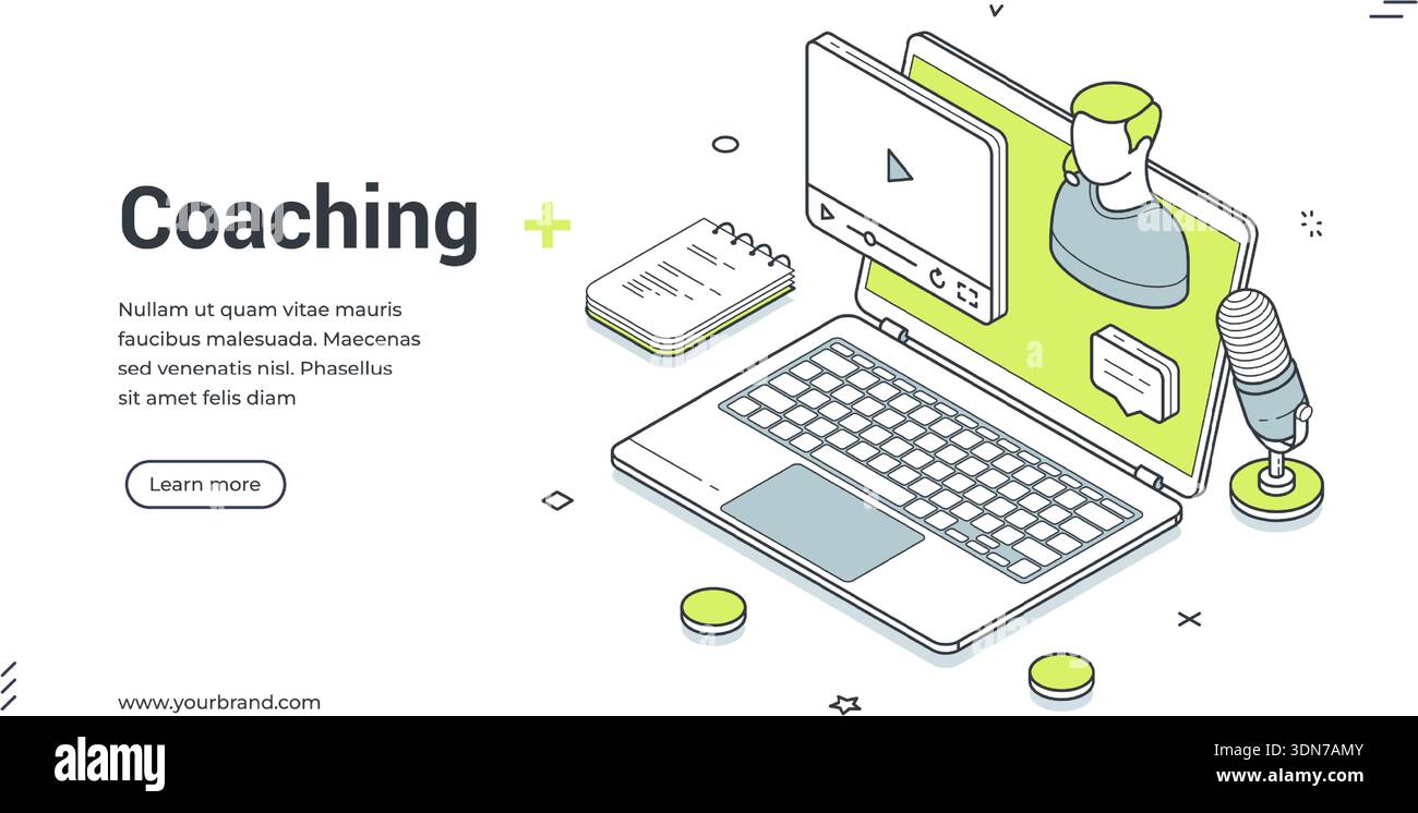 Banner Web per il coaching online e l'e-learning. Illustrazione vettoriale isometrica della formazione aziendale. Modello moderno per una landing page con notebook e microfono Illustrazione Vettoriale