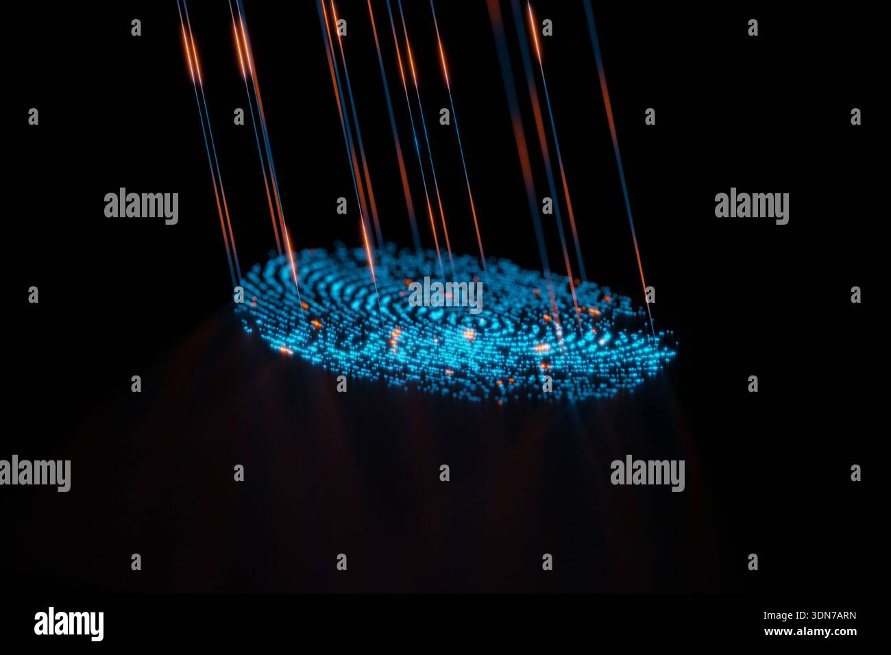 vista macro dettagliata di un'impronta digitale basata su particelle sottoposta a scansione da raggi laser. Questo concetto astratto illustra la scienza forense, il footprin digitale Foto Stock