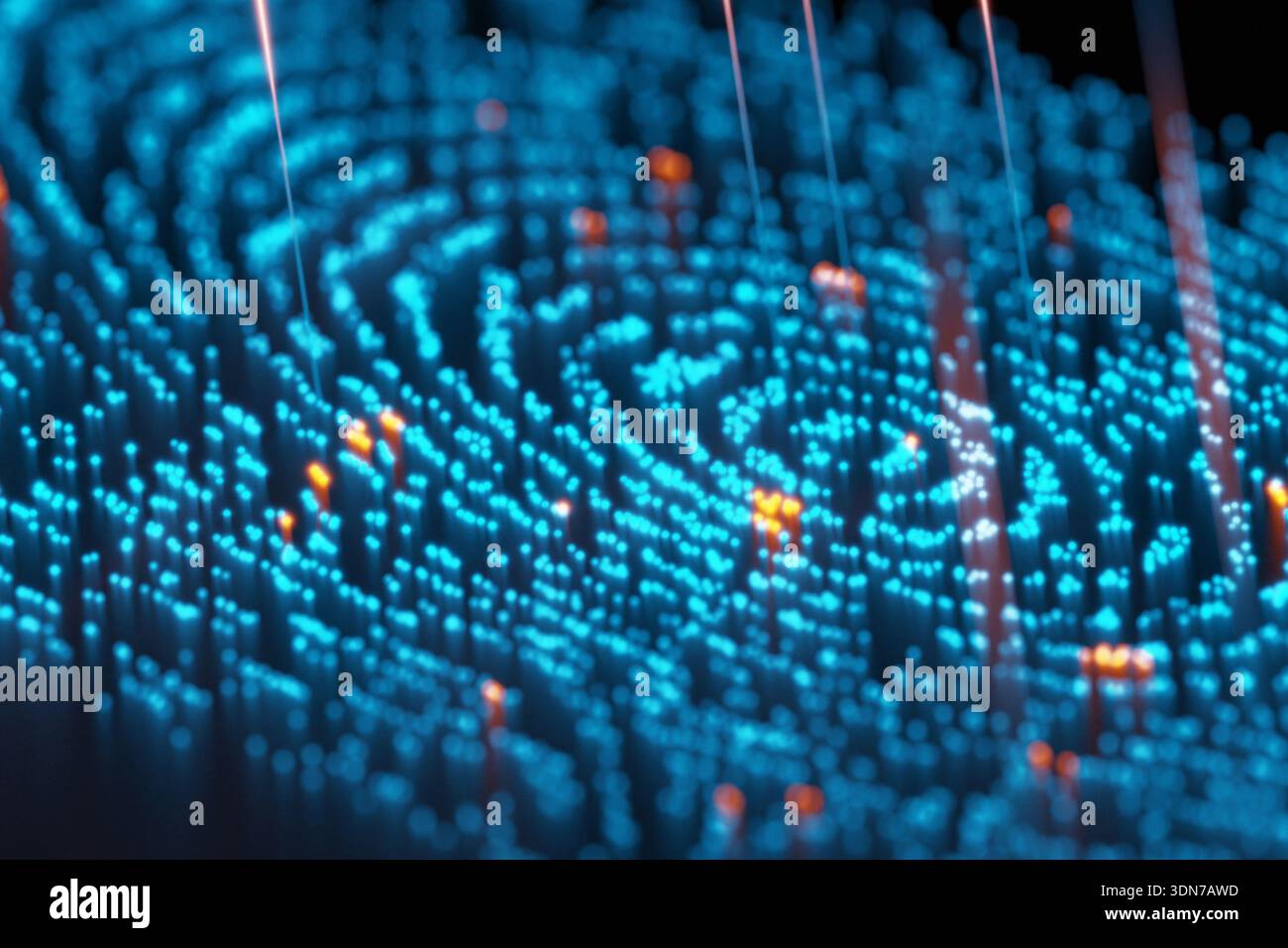 Vista macro high-tech di un'impronta a particelle blu brillante. I fasci di luce verticali scansionano la superficie. deep learning, cybersicurezza, analisi forense digitale ana Foto Stock