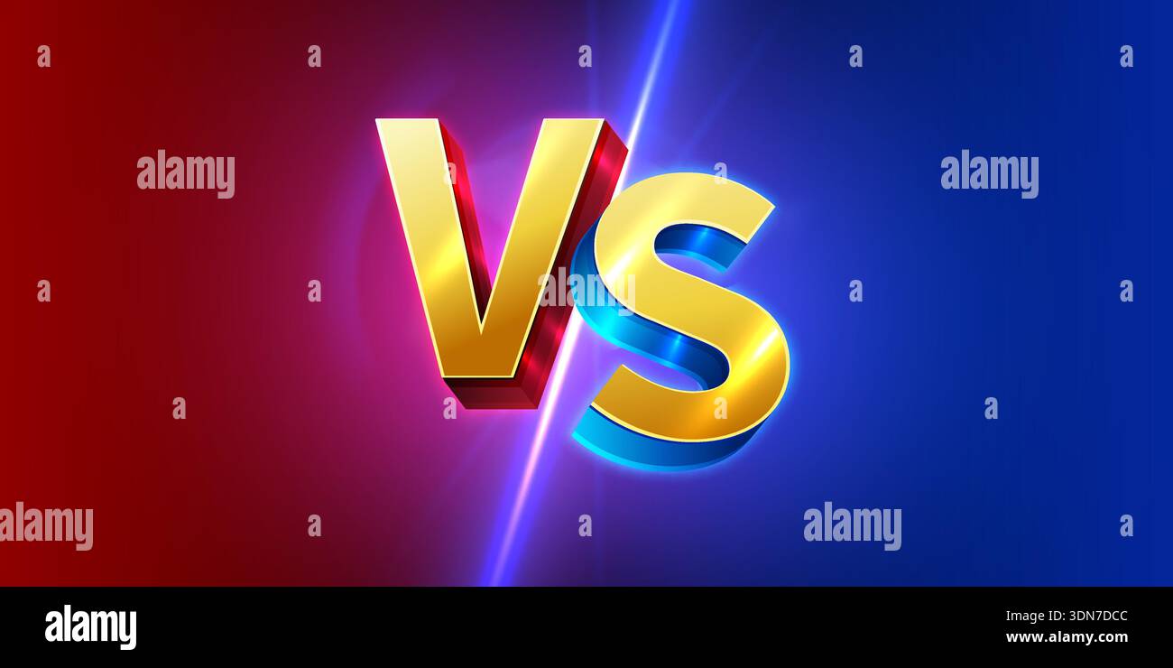 Golden 3D vs. Testo su uno sfondo rosso e blu drammatico, che rappresenta la concorrenza o il confronto. Illustrazione vettoriale. Illustrazione Vettoriale