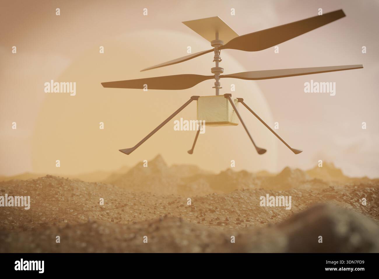 Ingegnoso elicottero che vola sopra la rocciosa superficie marziana. Drone high-tech che esplora il terreno del pianeta Rosso sotto un cielo arancione. con. esplorazione spaziale Foto Stock