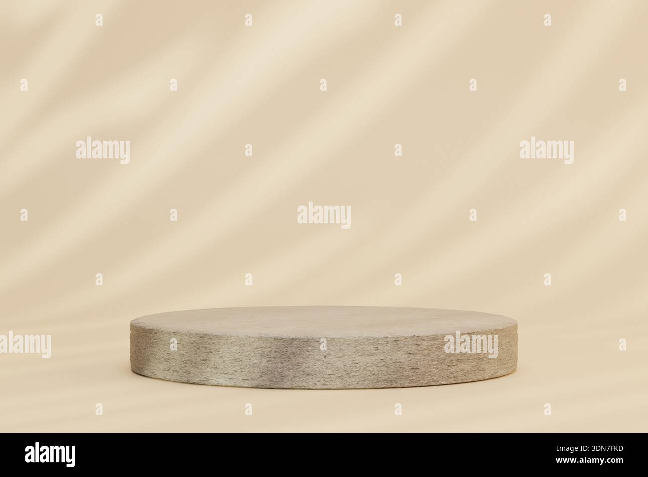 Podio 3D minimalista per l'esposizione dei prodotti. Sfondo beige con ombre morbide ed elegante piattaforma cilindrica. Scena di mockup per cosmetici, jewe Foto Stock