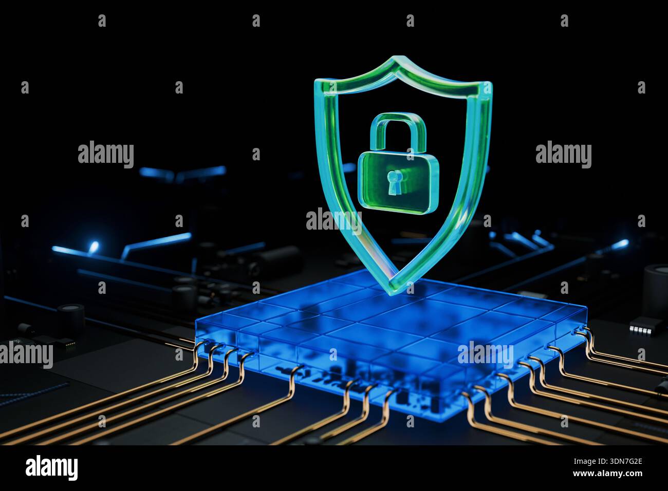Sfondo di sicurezza digitale high-tech che mostra uno scudo al neon su una CPU. Ideale per i temi della sicurezza del cloud computing, della privacy della rete, dei dati personali Foto Stock