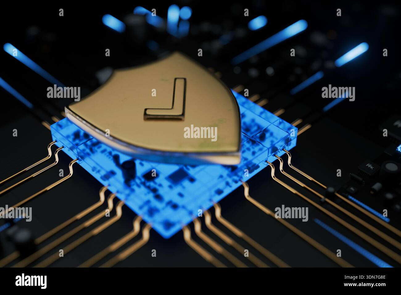 Schermatura in oro su una scheda a circuito stampato microchip blu brillante. Illustrazione 3D concettuale della protezione dei dati digitali, della sicurezza hardware e della sicurezza informatica in t Foto Stock