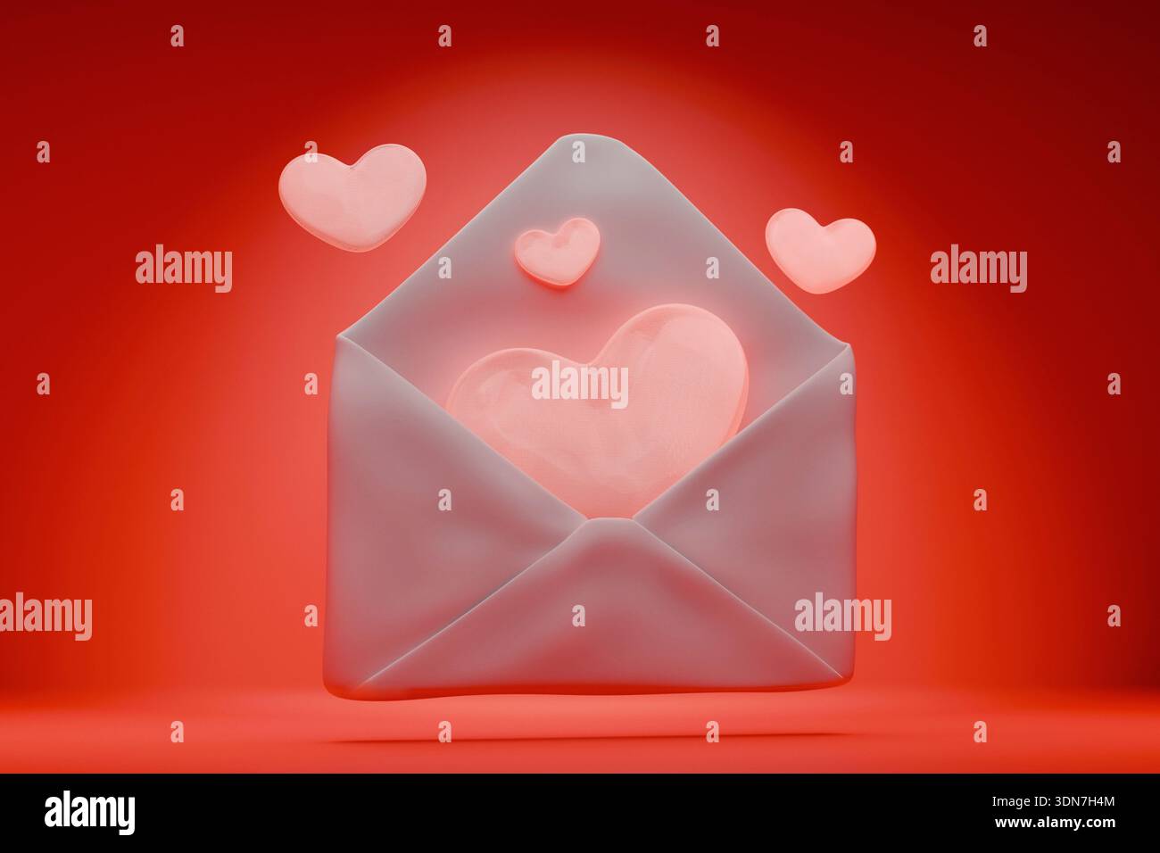 Lettera d'amore romantica in 3D con busta aperta con cuori rosa brillanti che fluttuano su uno sfondo rosso vivace. Ideale per San Valentino Foto Stock