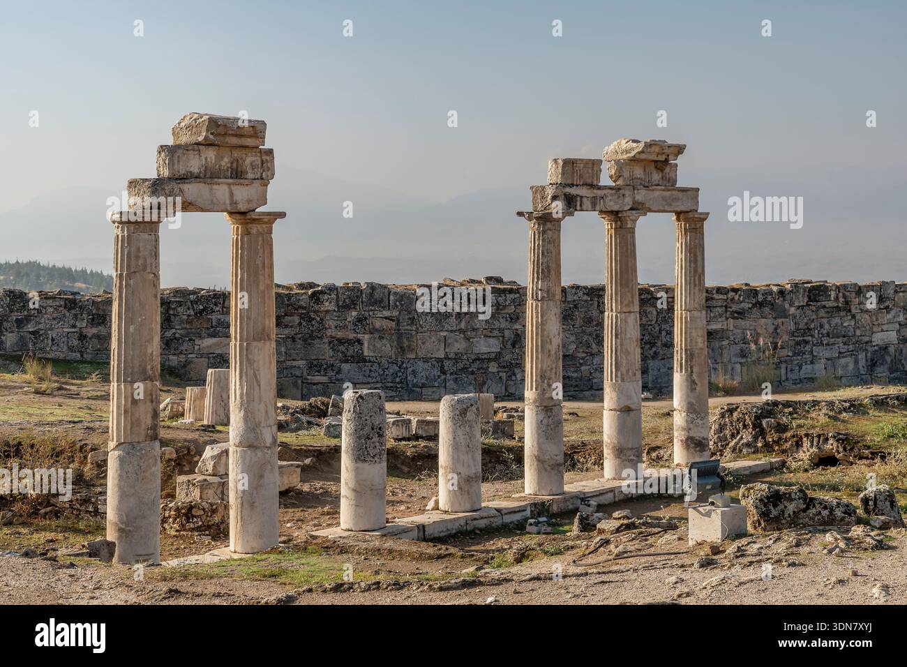 Antiche colonne a Hierapolis, città greca ellenistica, Türkiye Foto Stock