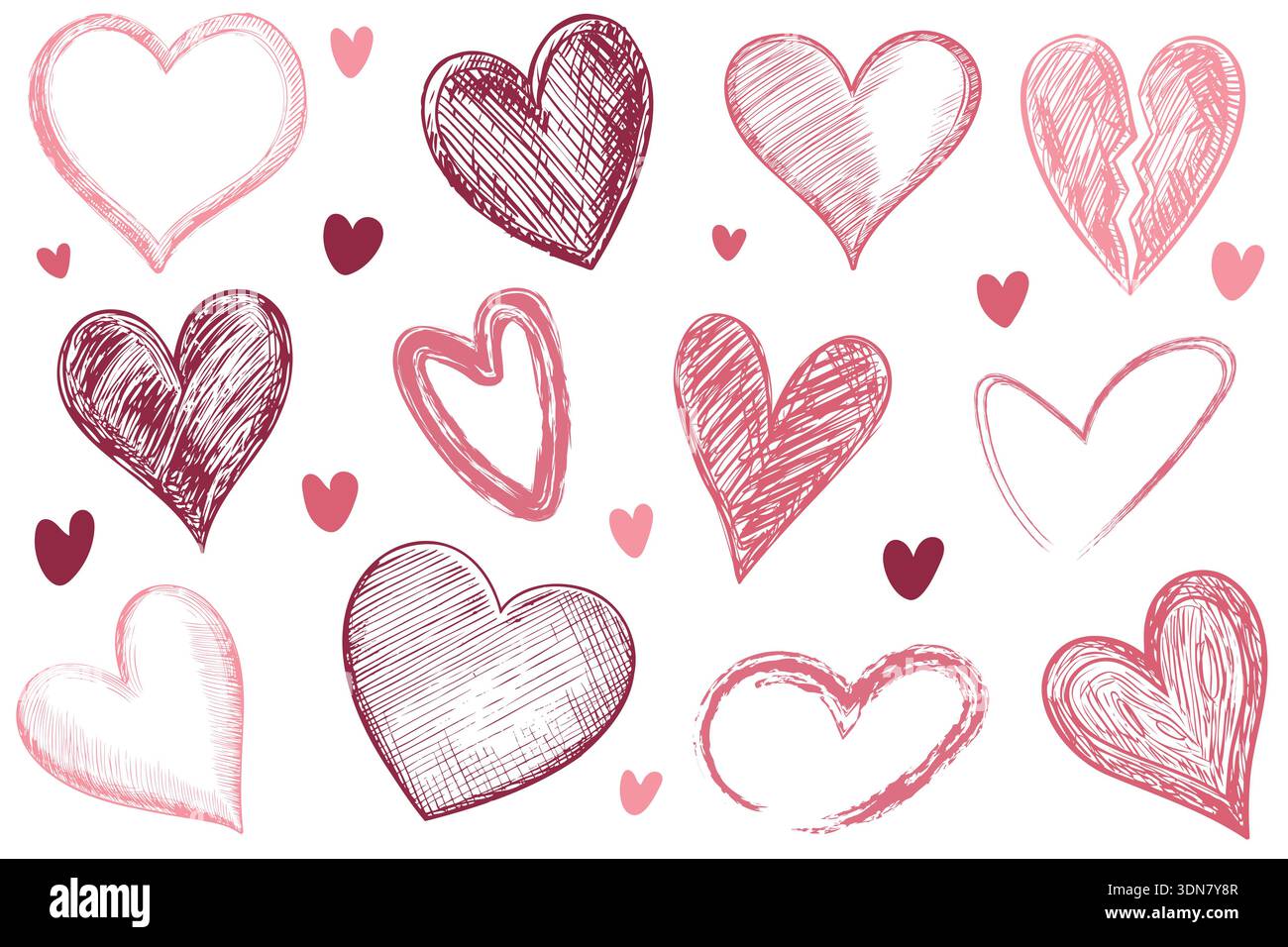 Una collezione di cuori disegnati a mano in diverse forme e texture, disegnati in toni rosa e rosso. Illustrazione vettoriale. Illustrazione Vettoriale