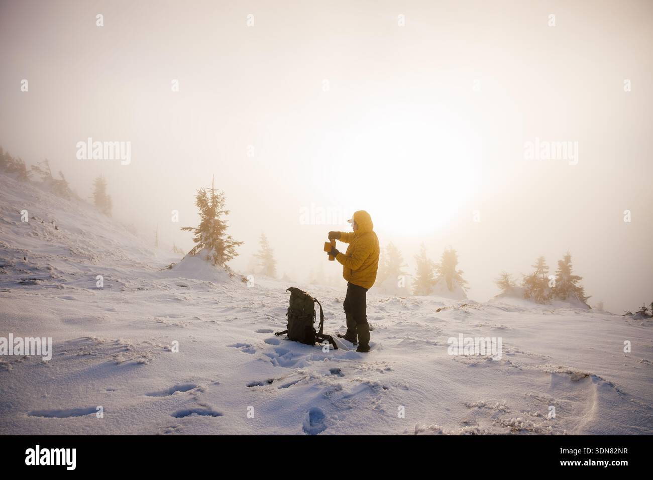 Fai un'escursione in giacca gialla che apre thermos con una bevanda calda sulla montagna innevata durante il tramonto nebbioso. Rinfrescati mentre riposi durante l'escursione invernale Foto Stock