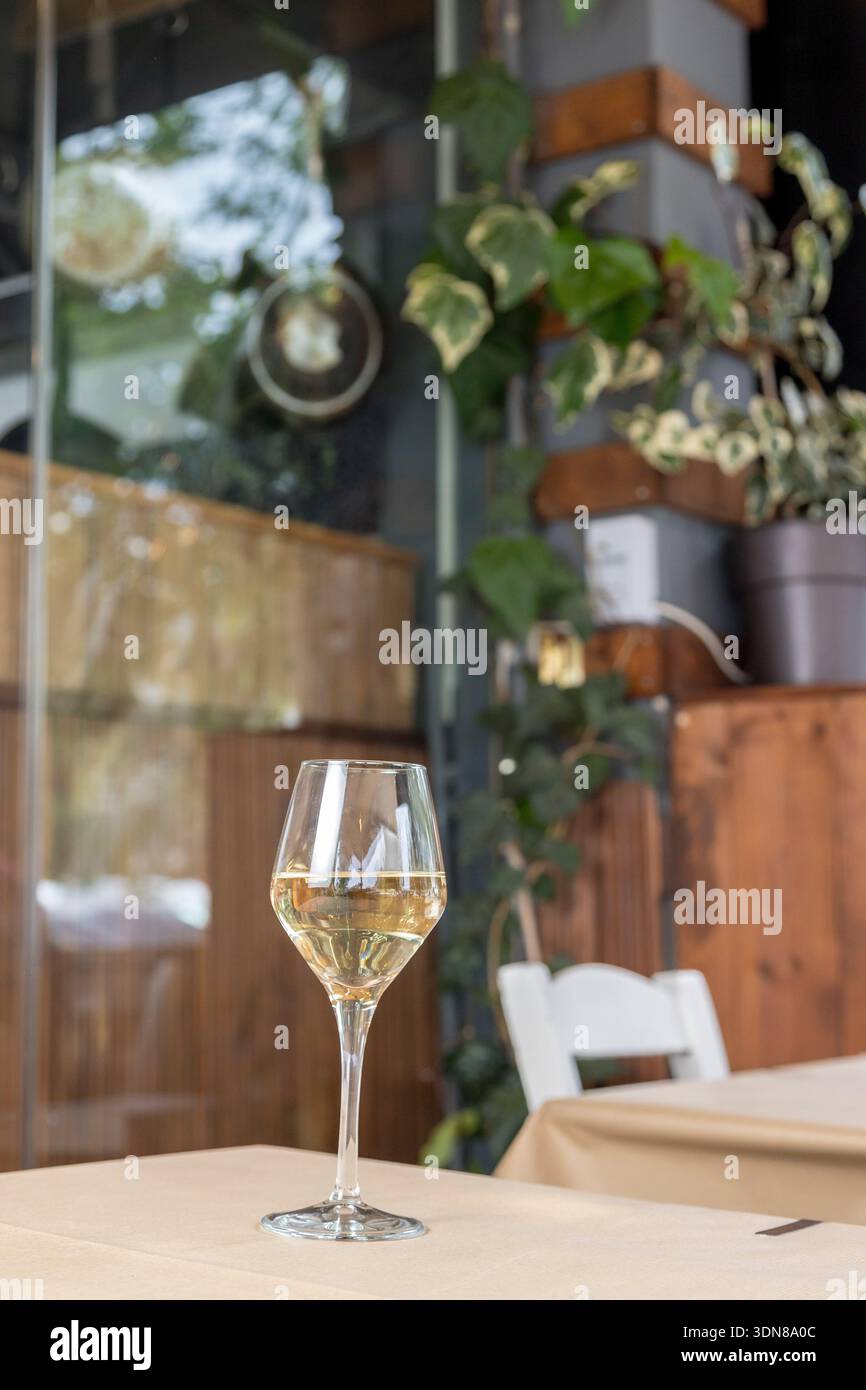 Un fresco bicchiere di vino bianco ghiacciato sorge su un tavolo illuminato dal sole di un'autentica taverna greca, circondata da una vegetazione lussureggiante e dall'atmosfera calda e invitante Foto Stock