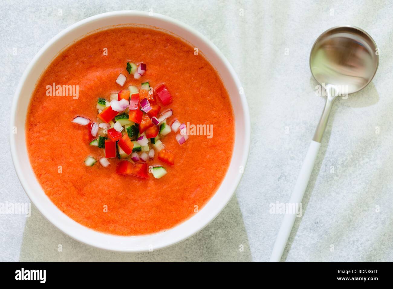 Zuppa di gazpacho. Tradizionale zuppa di pomodoro fredda spagnola di verdure fresche crude, vista dall'alto. Foto Stock