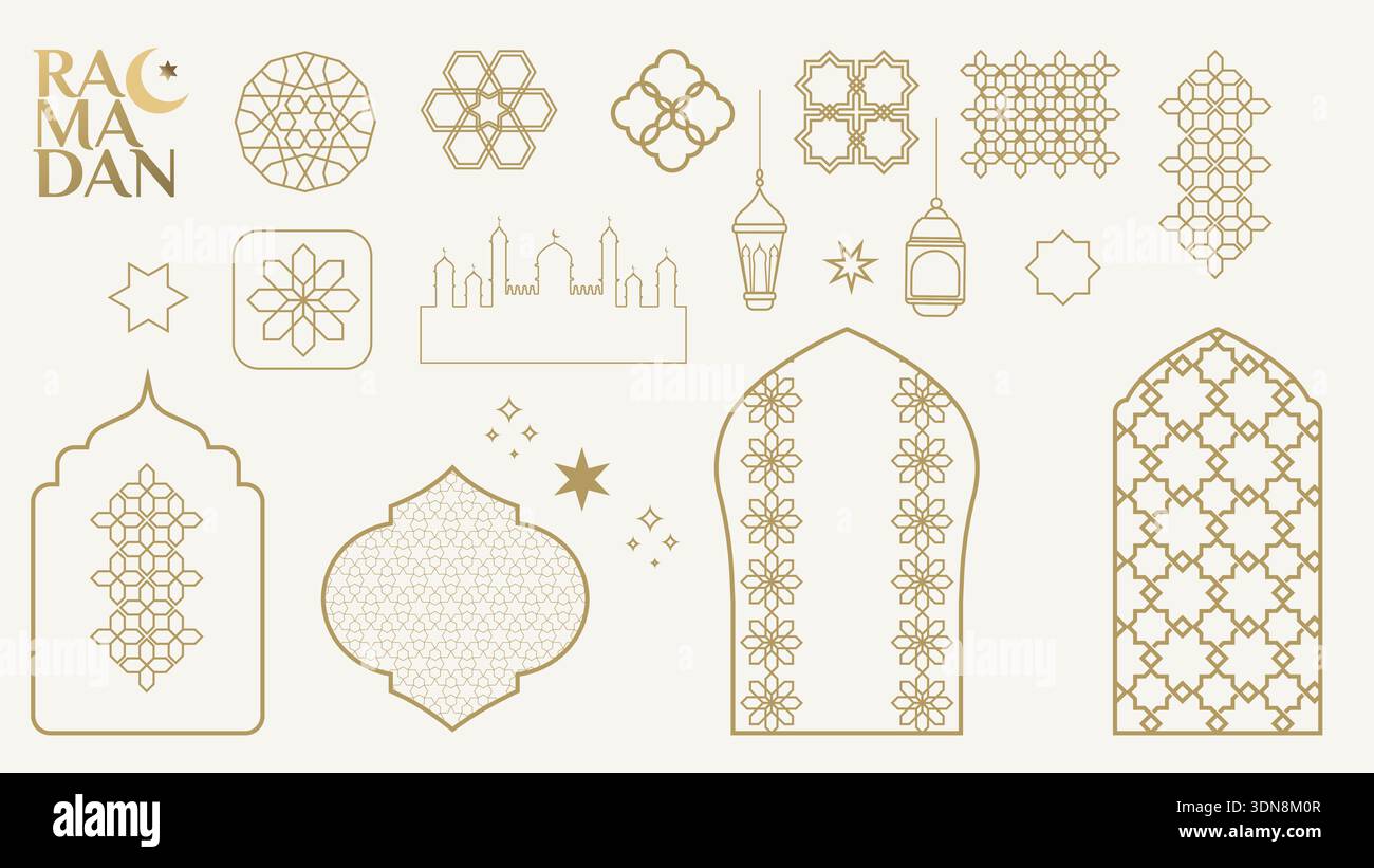 Una collezione di elementi per la decorazione e il design festivo per Ramadan Kareem Eid Mubarak con icone, finestre, motivi, moschee, luna, lanterne, stella Illustrazione Vettoriale