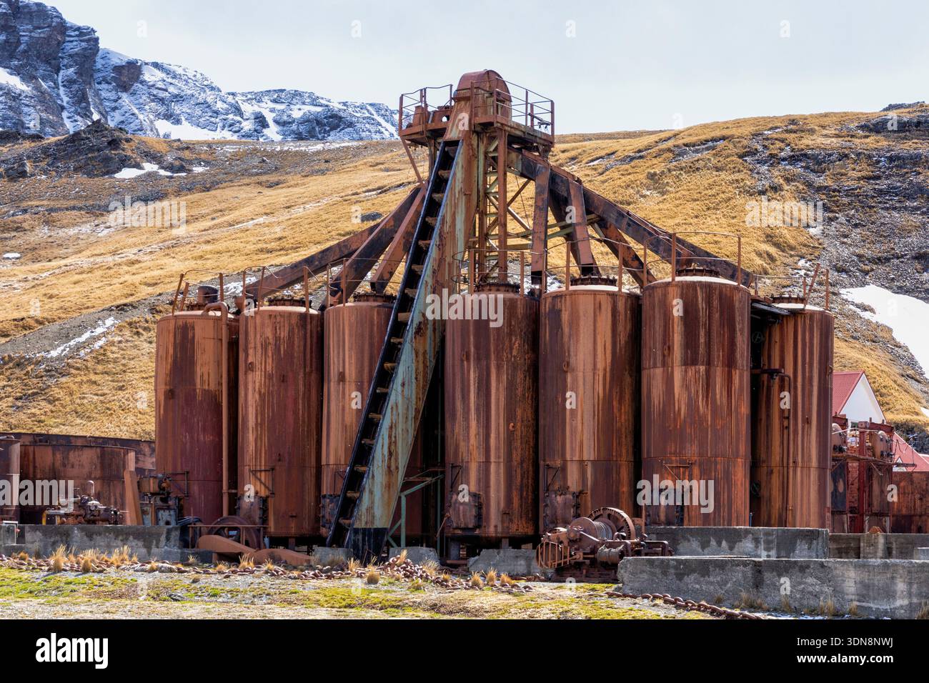 Rusty rimane dell'ex industria baleniera di Grytviken, un'attrazione popolare per i turisti in crociera, in nevicata leggera. Grytviken, Georgia del Sud Foto Stock