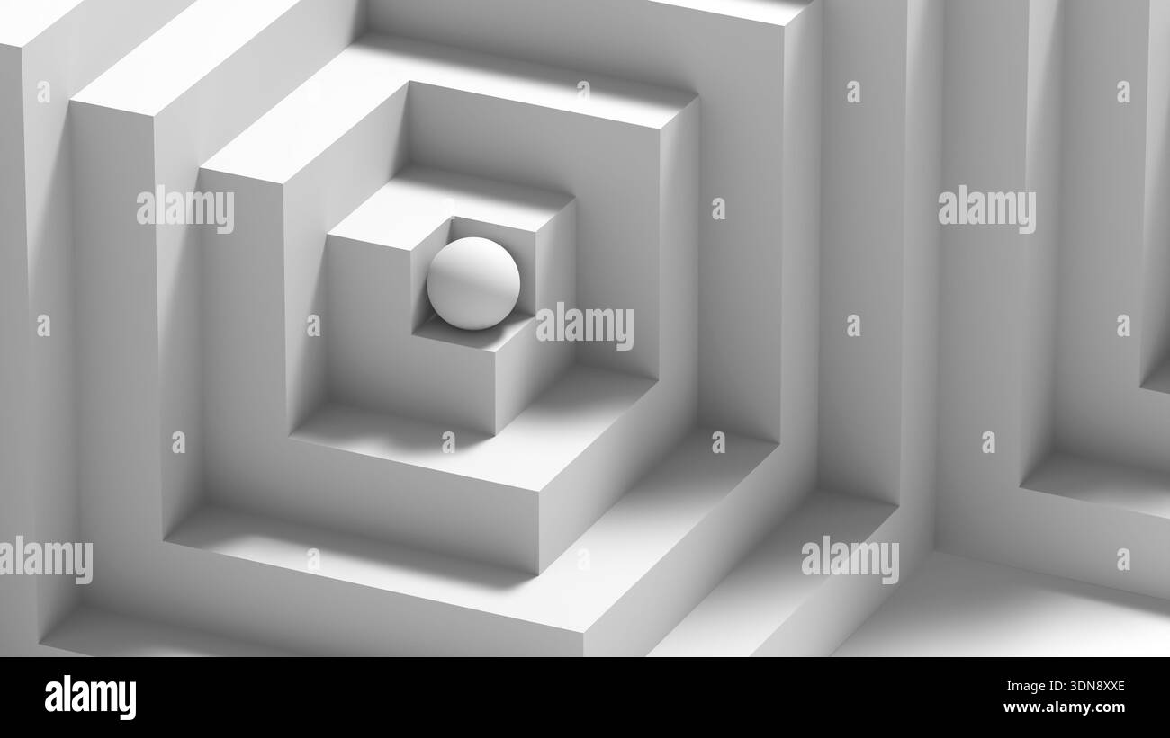 Una scena pulita e astratta con pareti cubiche concentriche che formano un labirinto geometrico, con una sfera liscia al centro. Evoca concentrazione, ordine e modernità Foto Stock