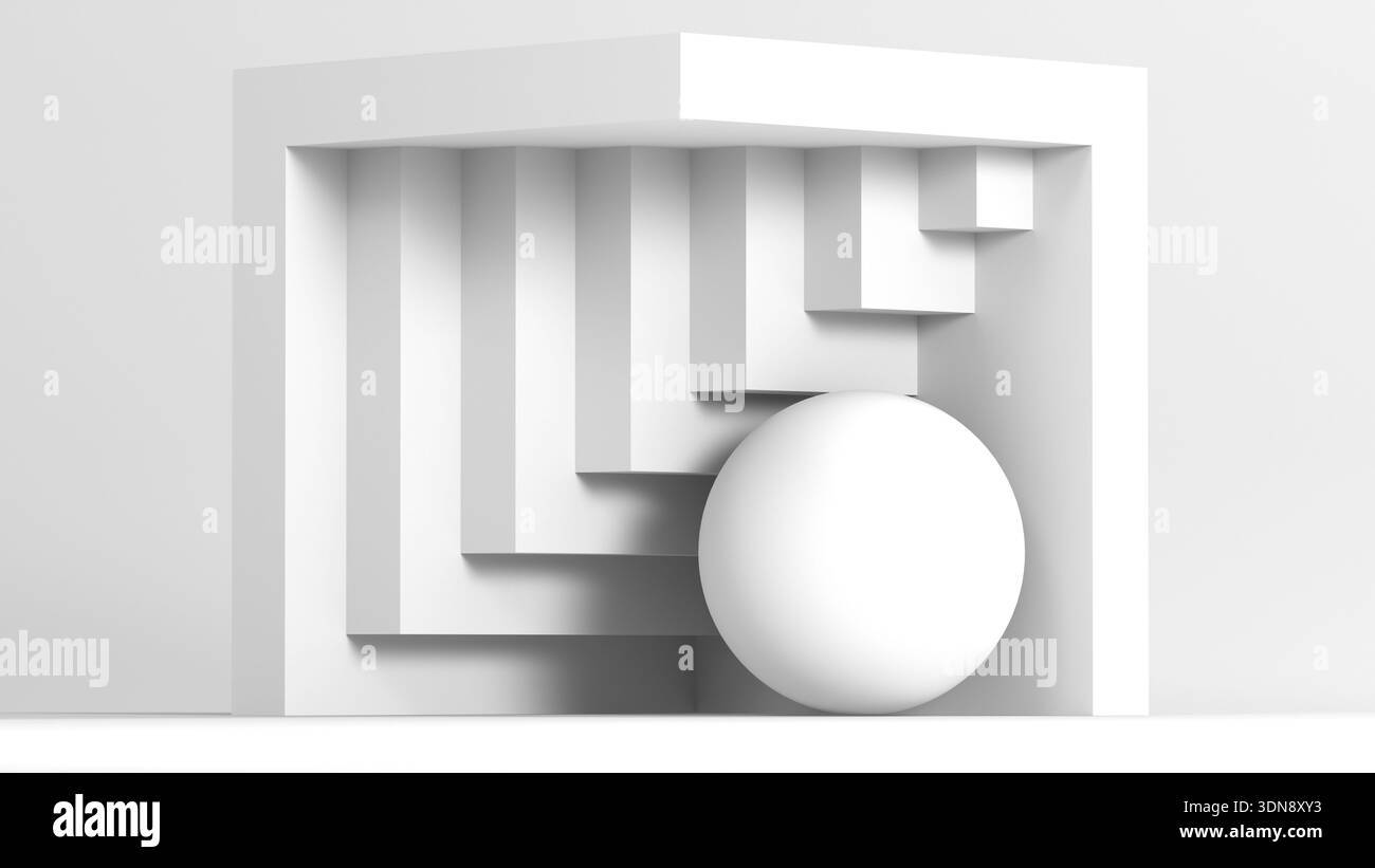 Una composizione pulita e minimalista caratterizzata da una scala a strati all'interno di una cornice bianca e da una sfera prominente, che evoca geometria, equilibrio e design moderno Foto Stock