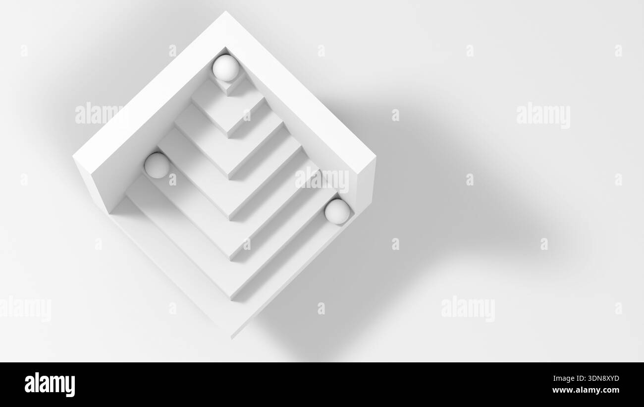 Una scultura bianca e pulita presenta una piramide a gradini all'interno di una cornice quadrata e tre accenti sferici. Elegante, moderno e versatile per il branding Foto Stock
