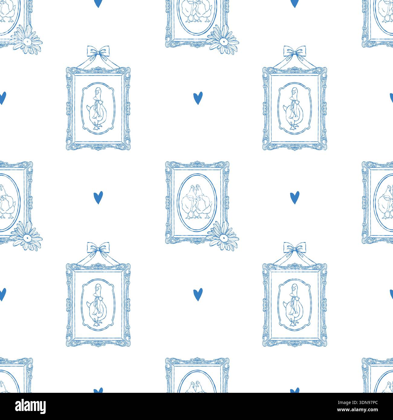 Un grazioso motivo vintage pasquale senza cuciture blu e bianco con oche, polli, cornici vintage, archi e cuori. Scarabocchi seducenti disegnati a mano. Blu vettoriale o Illustrazione Vettoriale