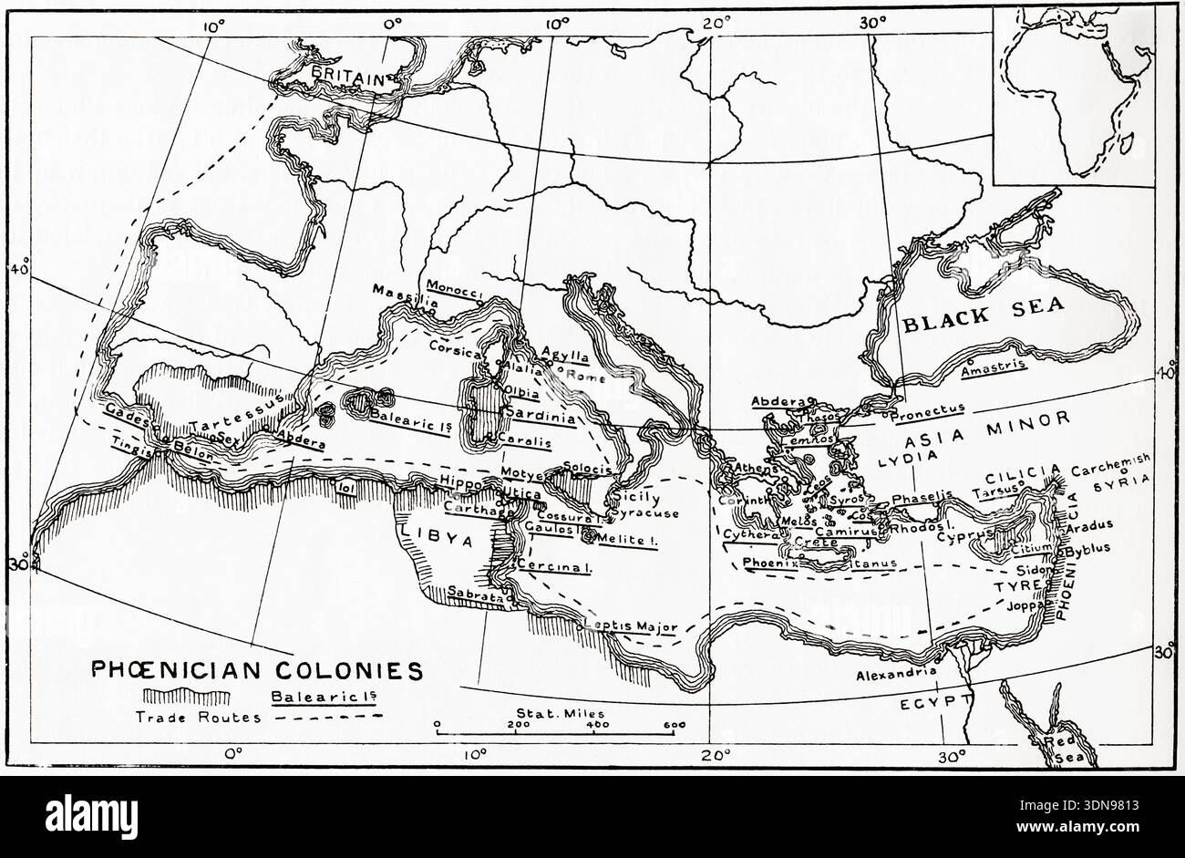 Mappa che mostra le rotte commerciali e le colonie fenicie intorno al 1000 a.C. Foto Stock