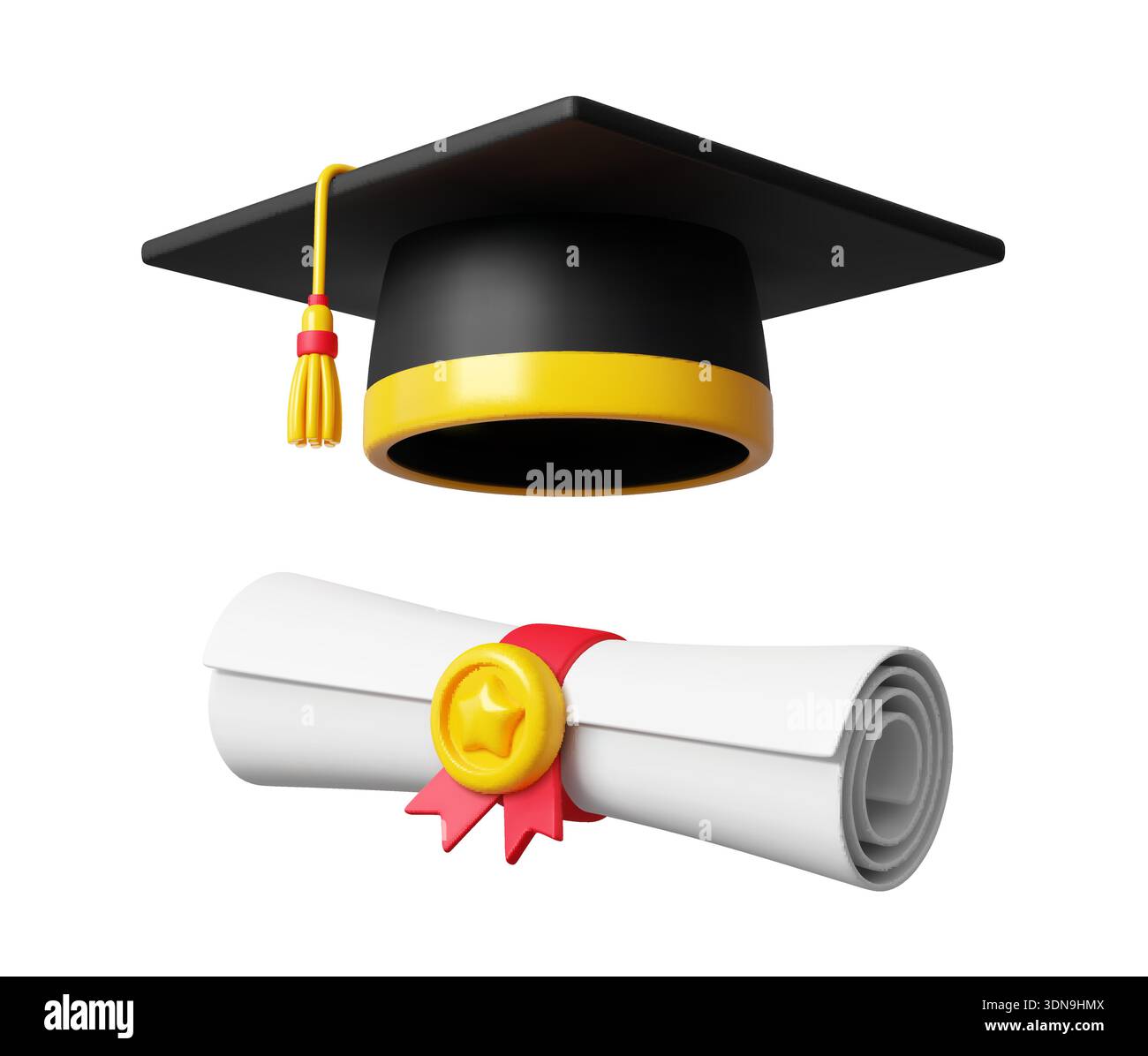 cappello di laurea 3d con diploma di studente. Cappello vettoriale in cartone con nappina e certificato laminato legato con nastro. Istruzione accademica simbolo del successo degli studenti, del raggiungimento e del completamento degli studi Illustrazione Vettoriale