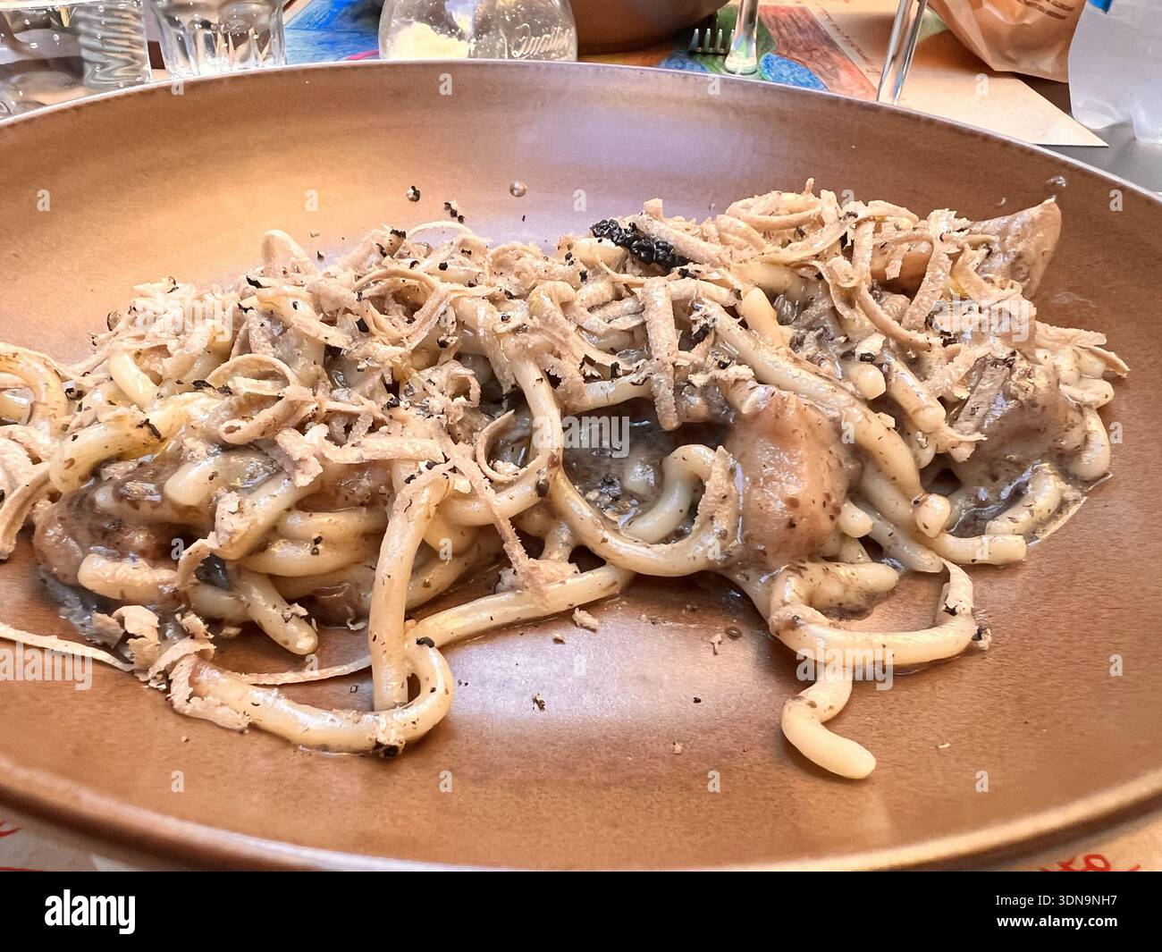 Pasta cremosa ai funghi in Rustic Ceramic Bowl Foto Stock