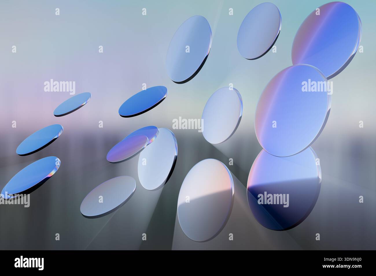 Sfondo 3D astratto con dischi in vetro fluttuanti e riflessi luminosi iridescenti. Foto Stock