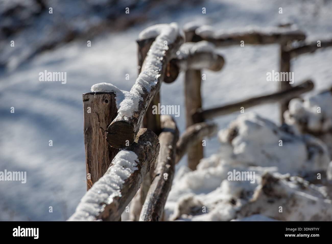 Dettaglio di una recinzione in legno ricoperta di neve e ghiaccio, illuminata da una luce soffusa invernale Foto Stock