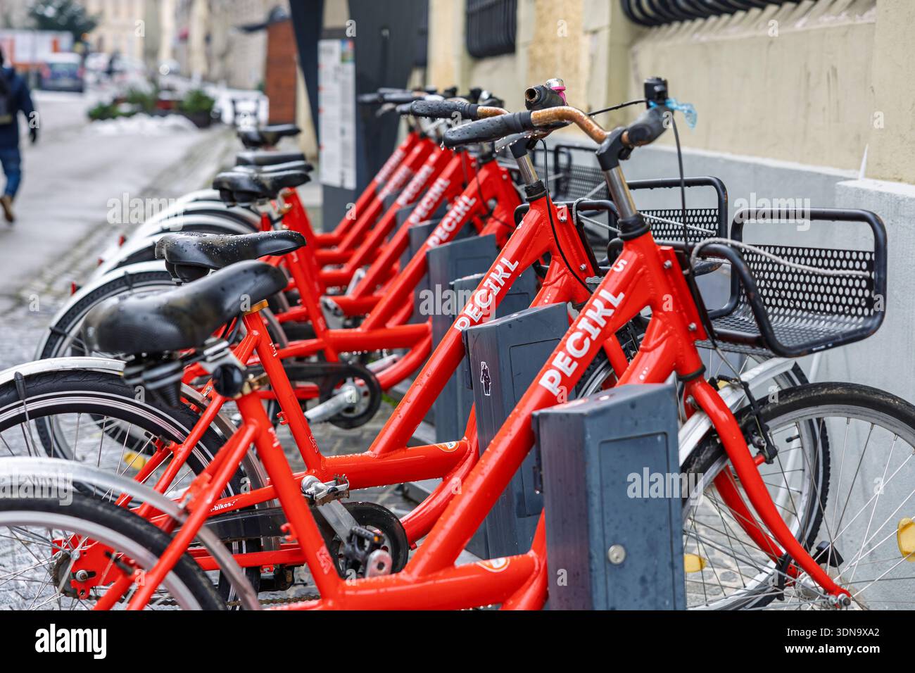 PTUJ, SLOVENIA, 01.04.2026: Una linea di biciclette rosse luminose pronte per i motociclisti si trova in un molo lungo una strada urbana acciottolata. Ideale per argomenti come City tran Foto Stock