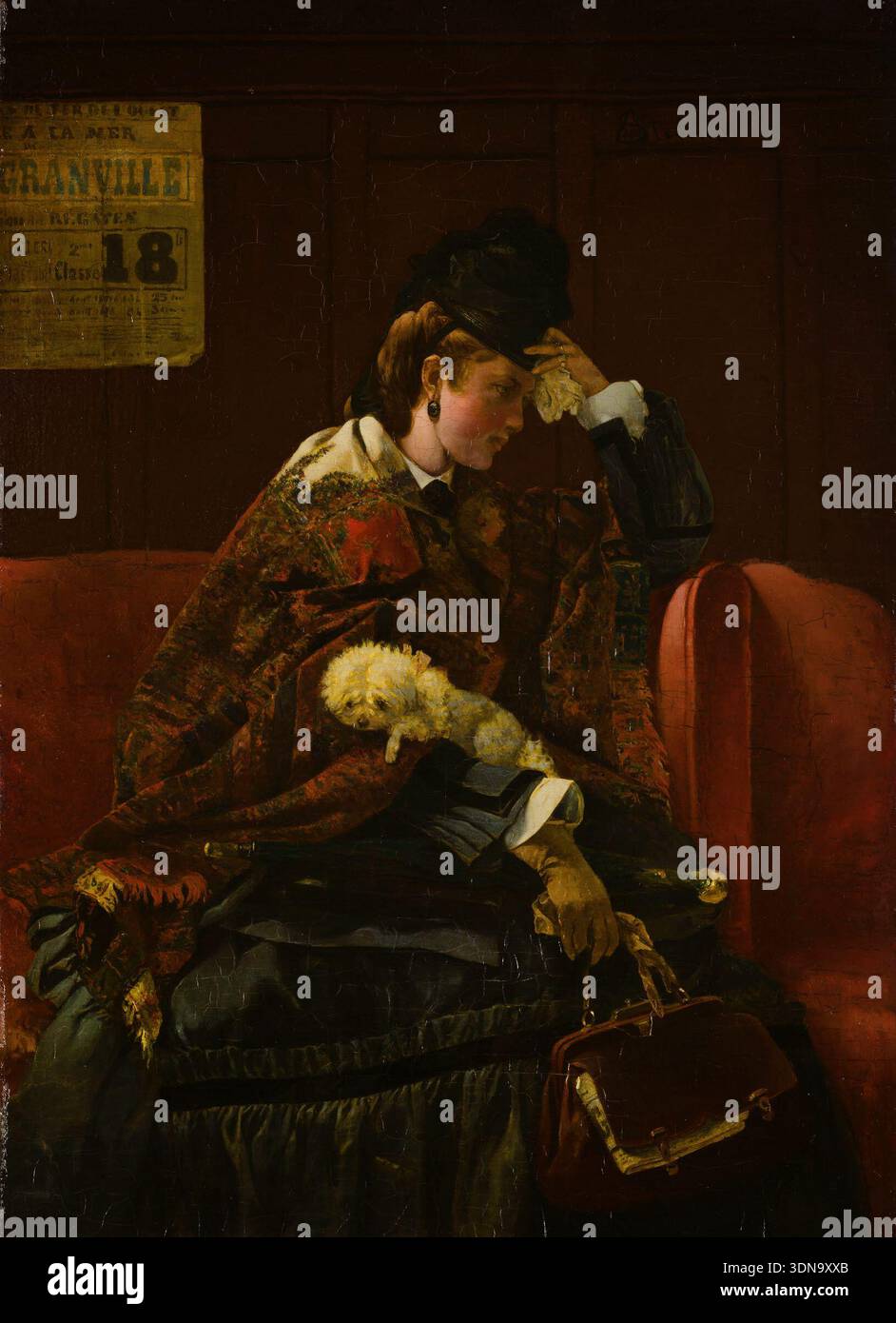 Presso la stazione ferroviaria di Alfred Stevens, c. 1874, una donna elegantemente vestita con un piccolo cane seduto nell'area d'attesa, posa contemplativa con abbigliamento alla moda Foto Stock