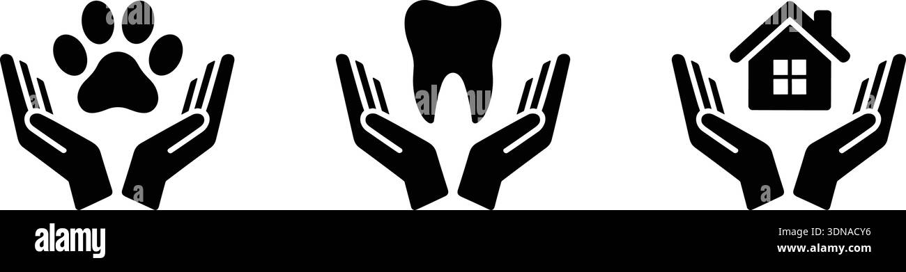 Set di tre icone in bianco e nero che mostrano mani che proteggono un'impronta di zampa, un dente e una casa. Illustrazione Vettoriale