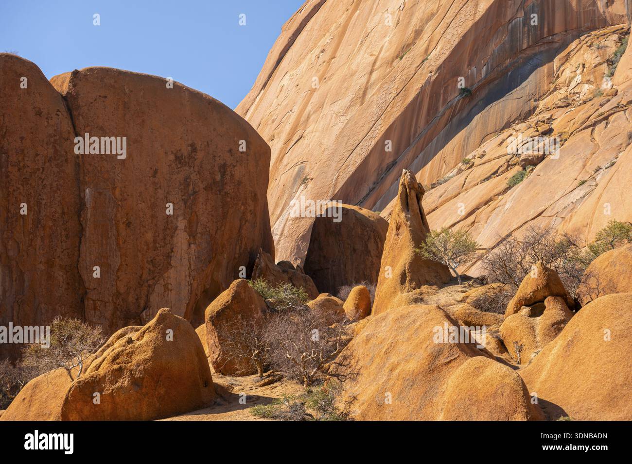 Masse di roccia elevate in tonalità calde sotto il cielo luminoso, Spitzkoppe, Namibia Foto Stock