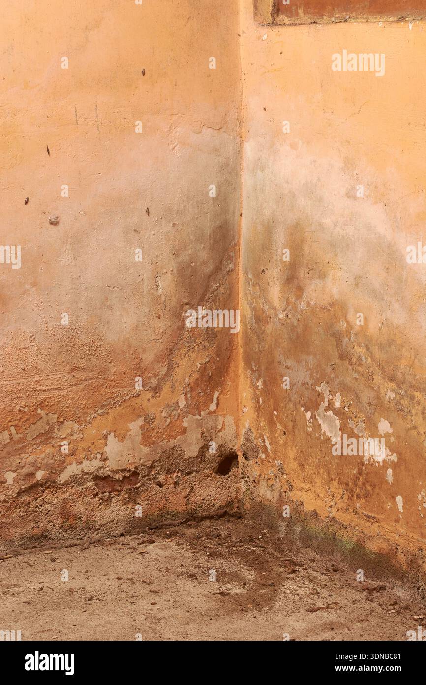 spigolo di pareti intemperie su pavimenti in calcestruzzo, verniciatura arancione spelata con macchie umide e residui di muffa, telaio completo con spazio di copia, lavori di ristrutturazione o industriali Foto Stock