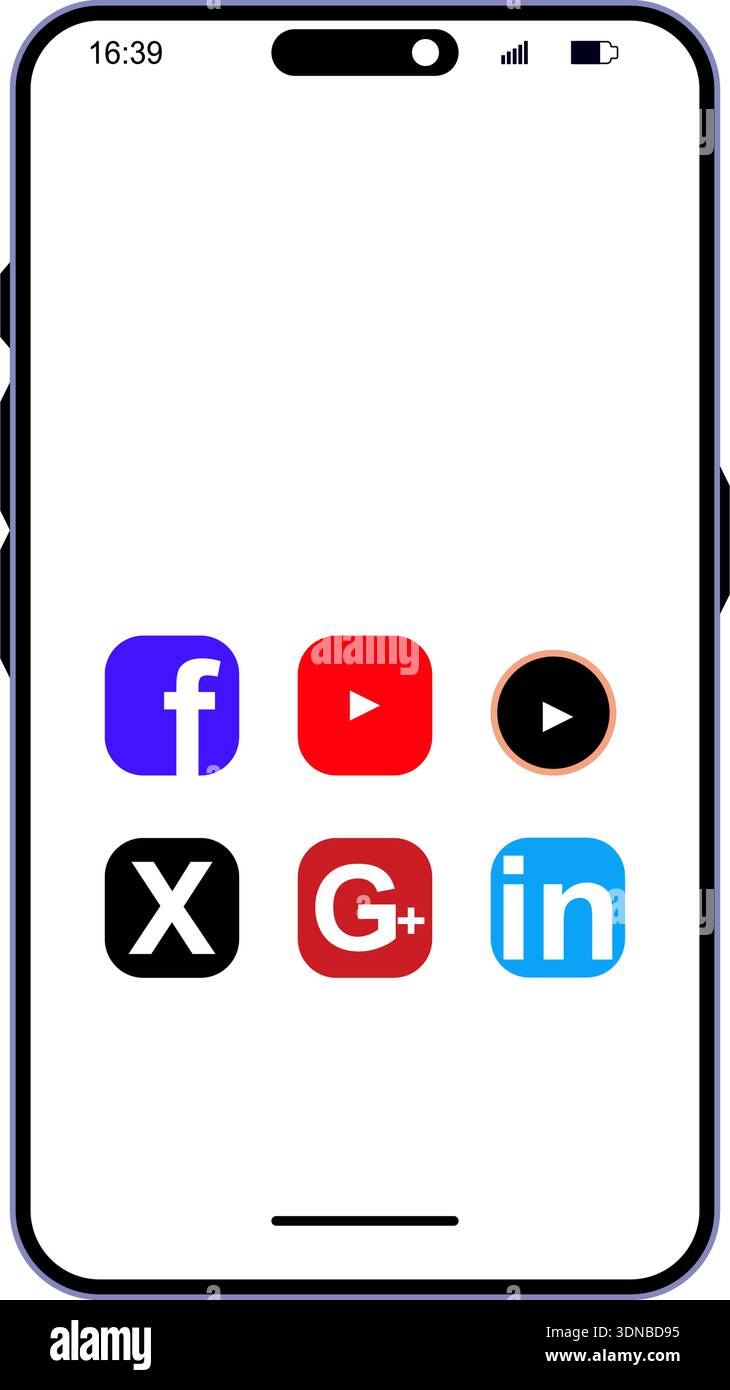 Icone delle app dei social media Impostazioni vettoriali schermo dello smartphone Facebook YouTube Twitter X Google Plus LinkedIn pulsante di riproduzione rete di comunicazione digitale Illustrazione Vettoriale