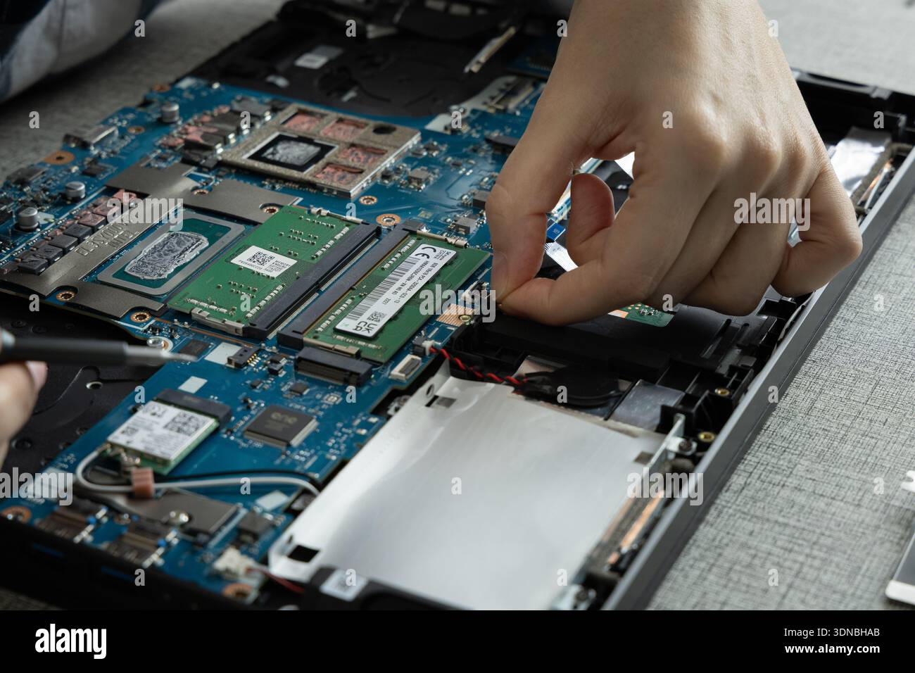 Una persona lavora su un notebook, estraendo i componenti e sostituendoli. L'impostazione è un'area di lavoro principale con strumenti e componenti visibili. Foto Stock