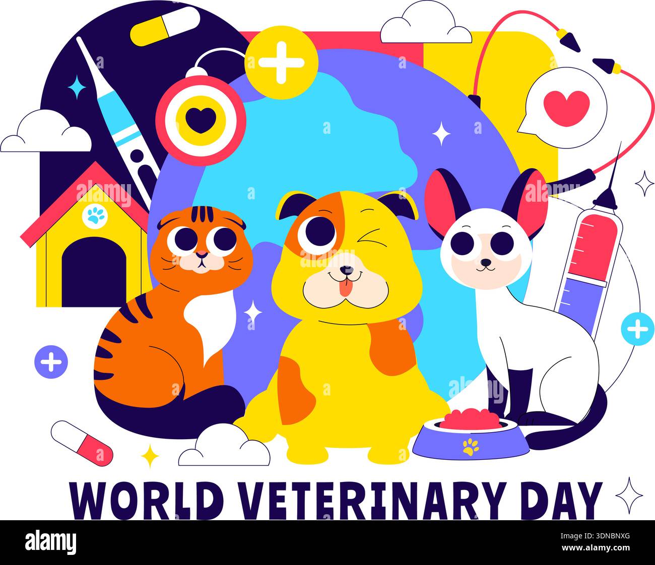 World Veterinary Day Vector Illustration celebra i veterinari dedicati che proteggono il benessere della salute degli animali attraverso Flat Cartoon Style background Illustrazione Vettoriale