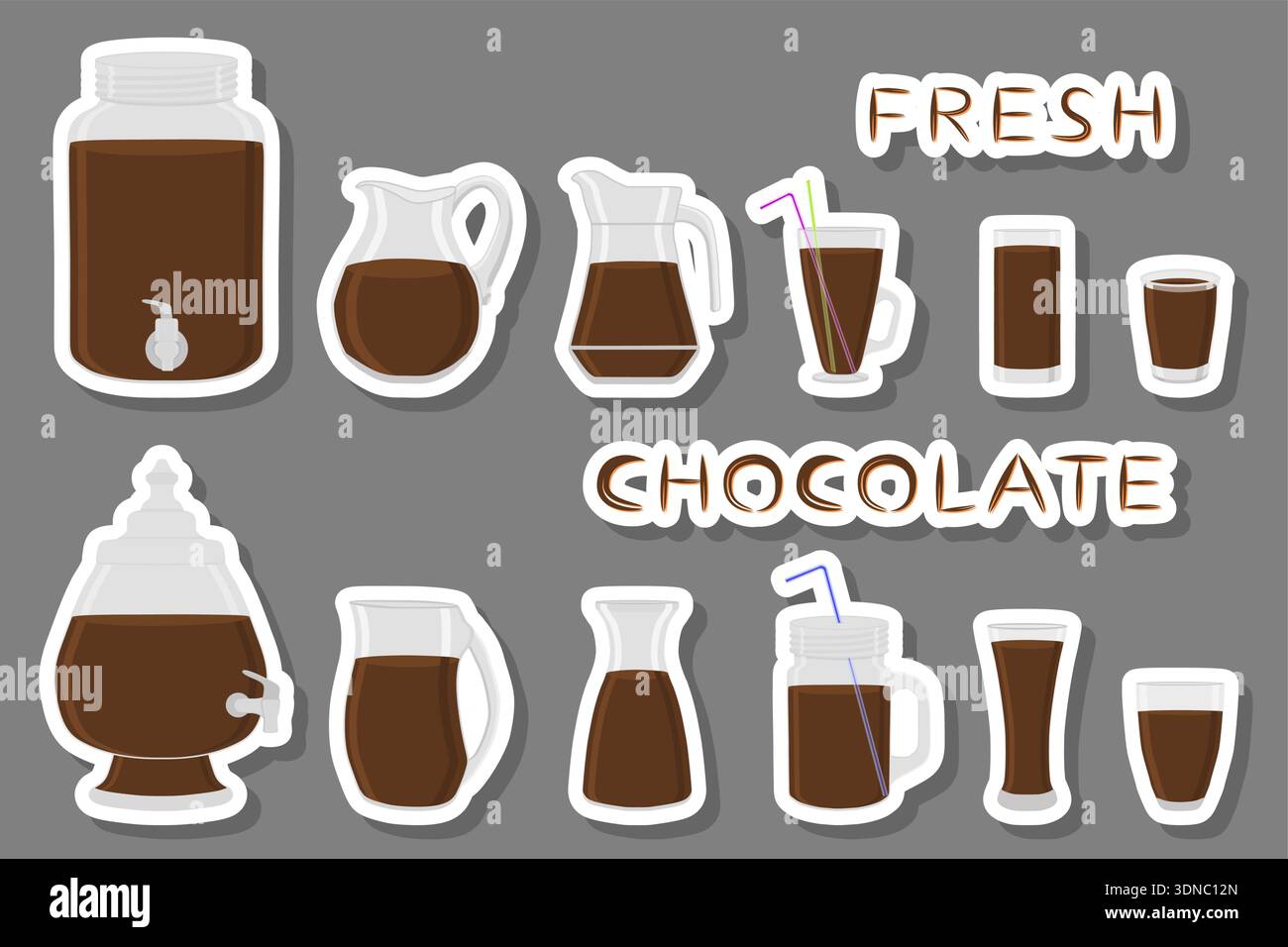 Illustrazione sul tema grande kit diversi tipi di bicchieri, caraffe di cioccolato di varie dimensioni, bicchieri costituiti da caraffe di plastica organica per cioccolato fluido Illustrazione Vettoriale