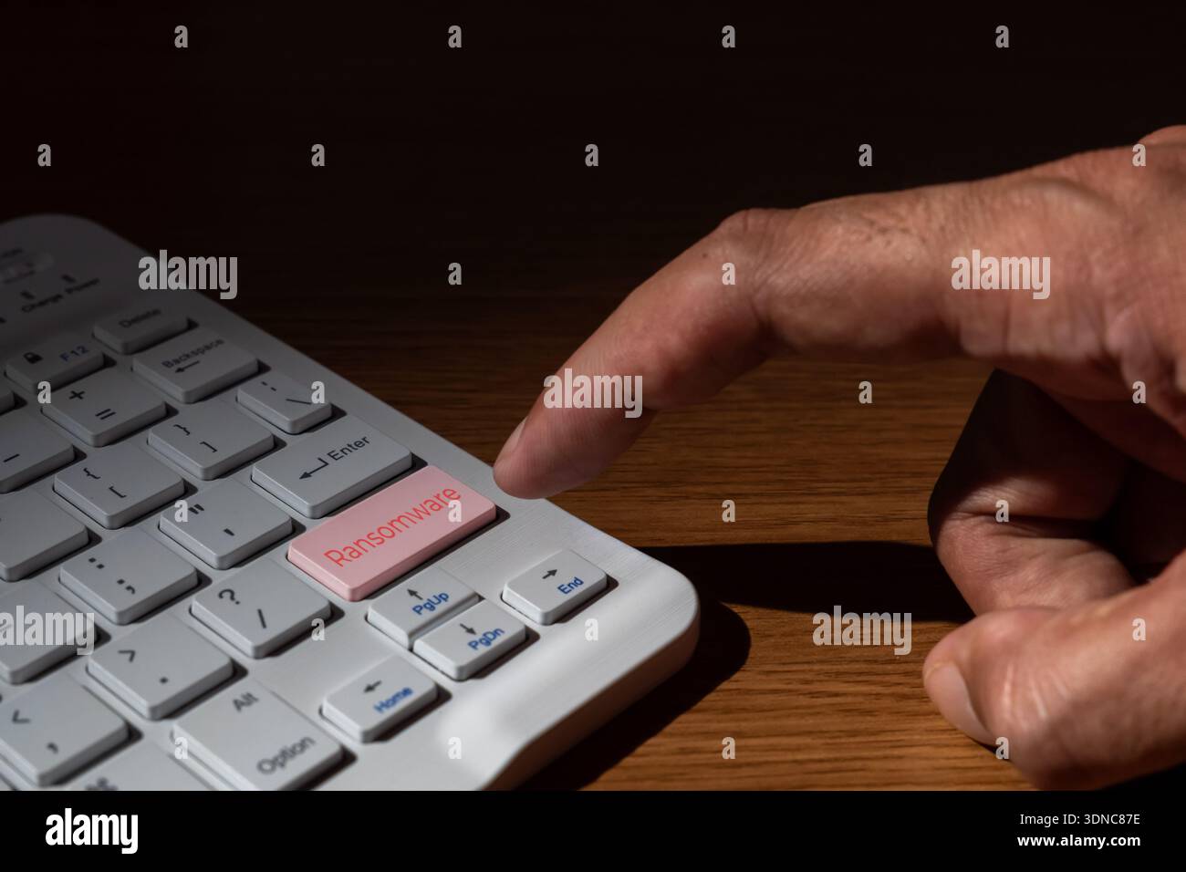Primo piano di un dito premendo un tasto Ransomware su una tastiera bianca del computer. Criminalità informatica, hacking, minacce alla sicurezza dei dati e concetto di estorsione informatica. Foto Stock