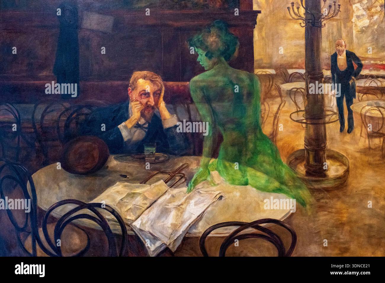 Repubblica Ceca, Boemia, Praga, centro storico patrimonio dell'umanità dell'UNESCO, quartiere Nové Mesto, Café Slavia, The Absinthe Drinker dipinto da Viktor oliva Foto Stock