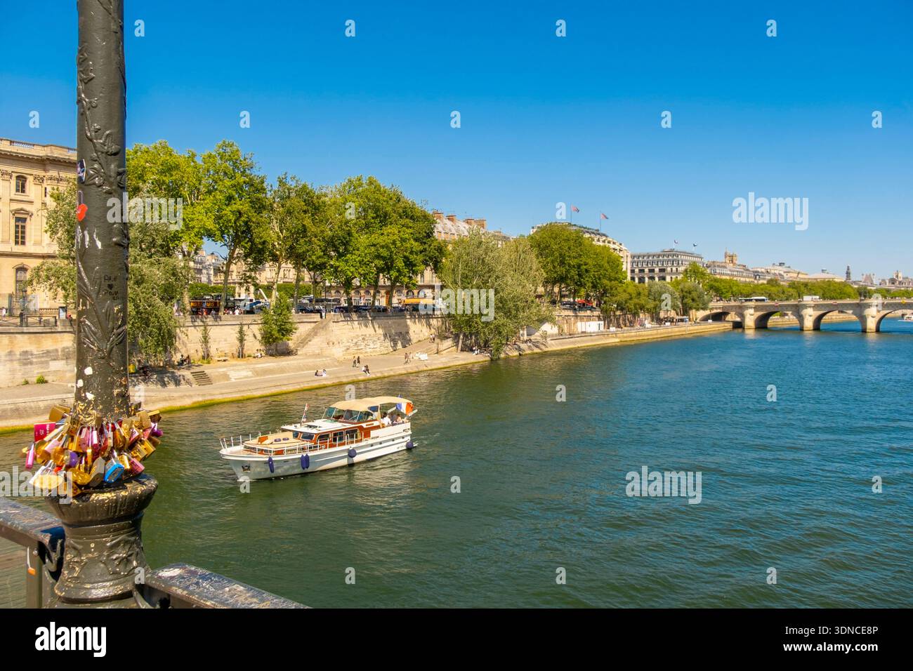 Francia, Parigi, le rive della Senna, patrimonio dell'umanità dell'UNESCO, viste dalla Passerelle des Arts, i lucchetti dell'amore Foto Stock