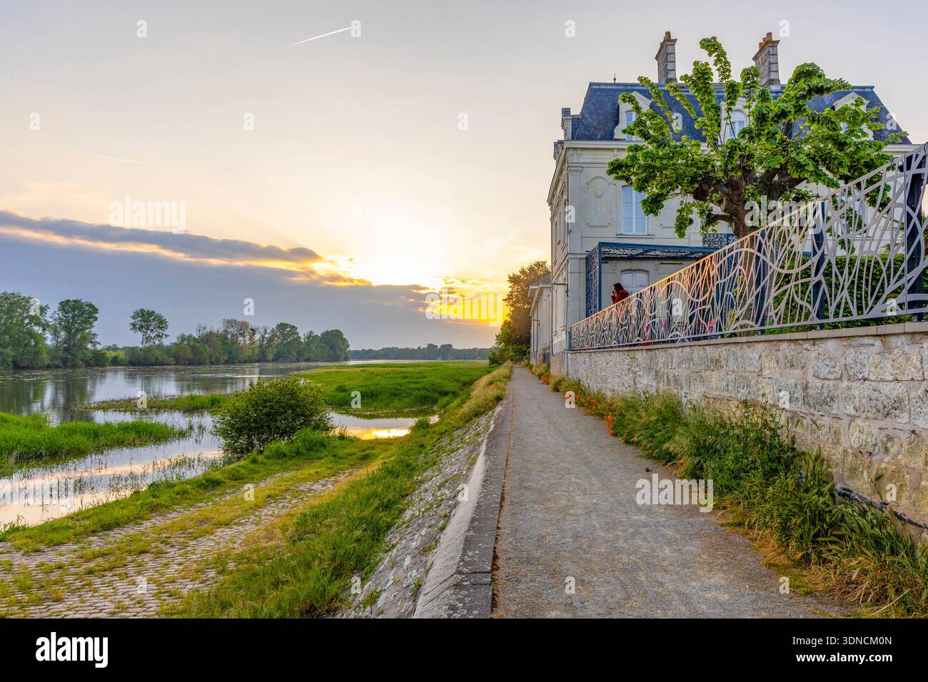 Francia, Maine e Loira, Les Ponts de CE, ristorante Les trois lieux e tramonto sulla Loira Foto Stock