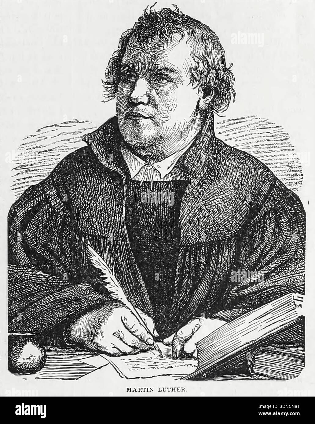 Martin Lutero, una figura chiave della riforma protestante, scrive diligentemente con una penna a penna a penna a scrivania, circondata da libri, simboleggiando i suoi contributi teologici e il suo lavoro intellettuale dal LIBRO XVII. - Nuovo mondo e riforma nel volume 13, della storia universale di Ridpath: un resoconto dell'origine, della condizione primitiva e dello sviluppo etnico delle grandi razze dell'umanità, e dei principali eventi nell'evoluzione e nel progresso della vita civile tra uomini e nazioni, da fonti recenti e autentiche, con un'indagine preliminare sull'ora, il luogo e le modalità dell'inizio da parte di R Foto Stock