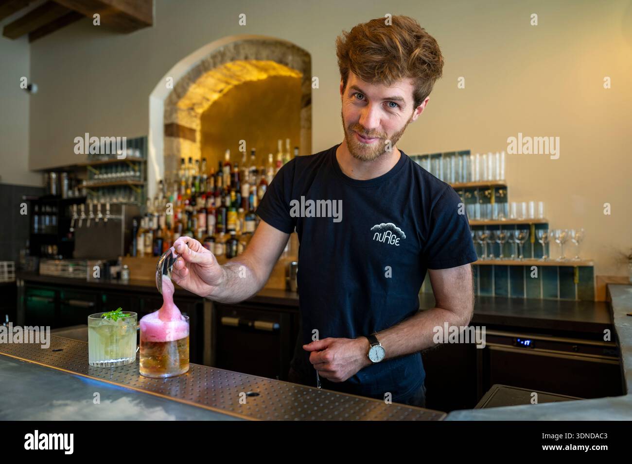 Francia, Cote d'Or, Digione, area dichiarata Patrimonio dell'Umanità dall'UNESCO, le barman roi du cocktail Colin Lach dans Son Bar Nuage Place Bossuet Foto Stock
