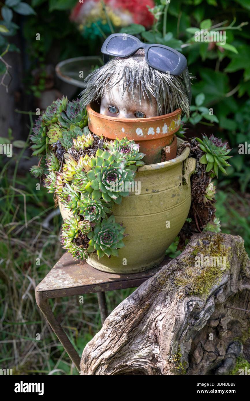 Francia, Nièvre, la Collancelle, composizione con la testa della bambola nel giardino della casa di un guardiano Foto Stock