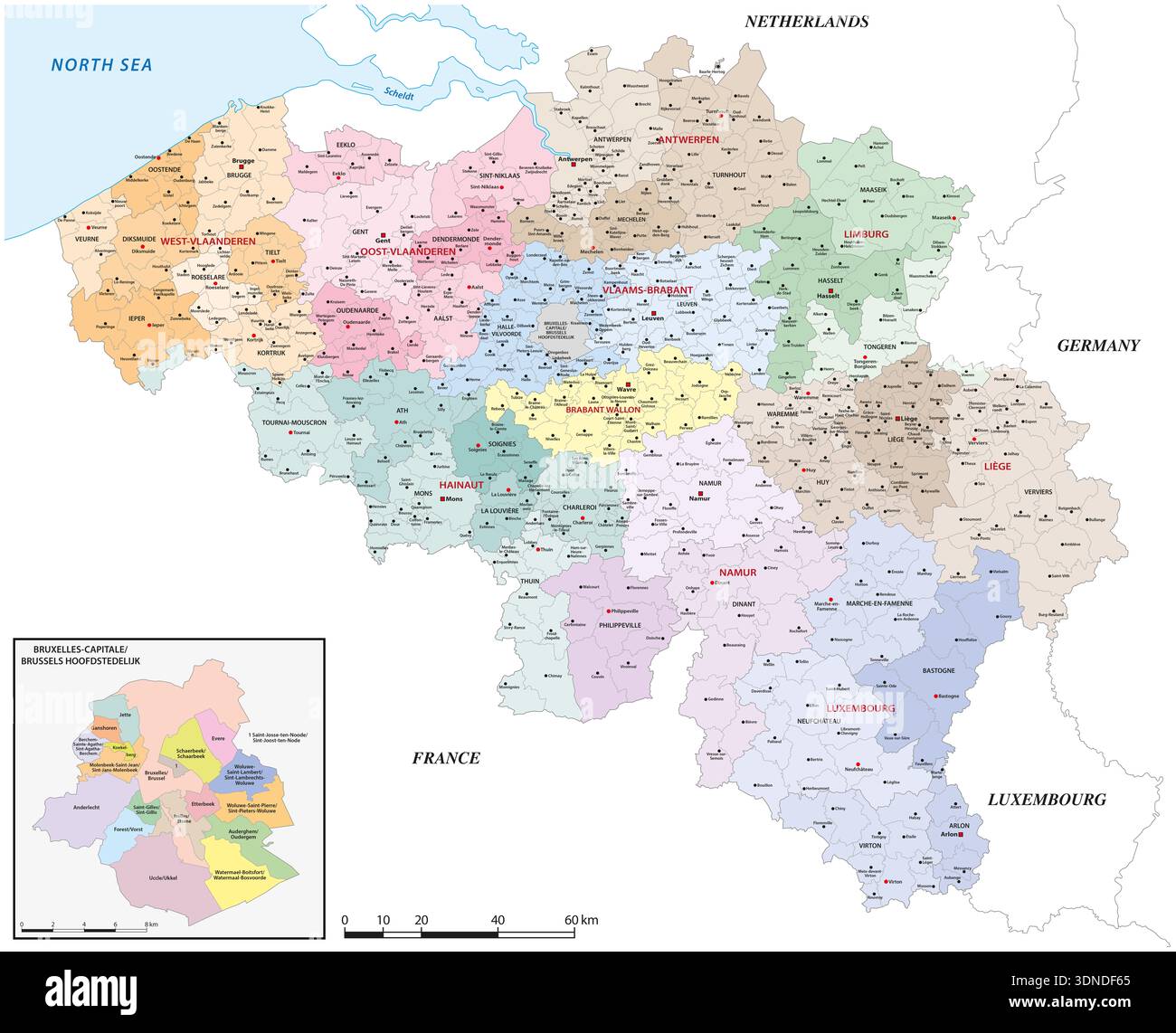 Mappa delle divisioni amministrative del Belgio Foto Stock