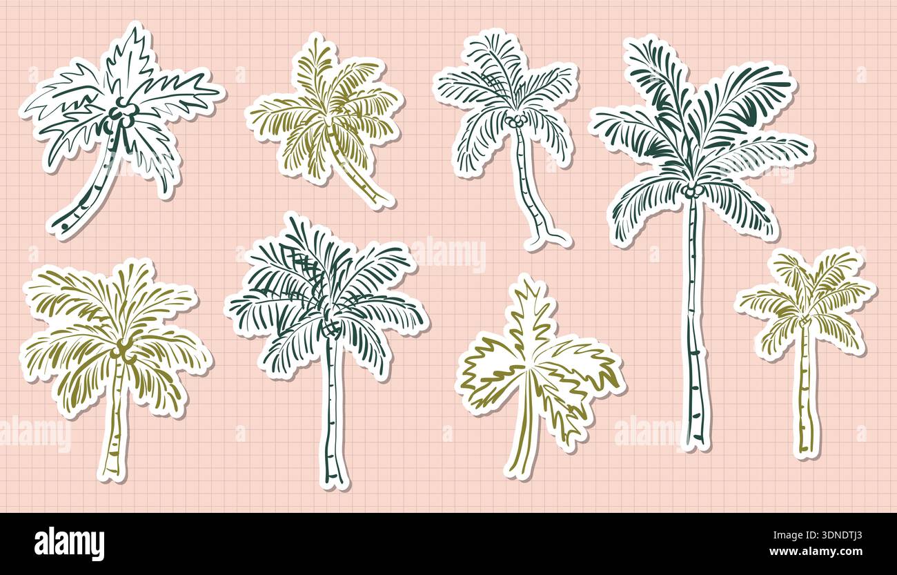 Una collezione di adesivi disegnati a mano sulle palme su uno sfondo a griglia rosa. Perfetto per viaggi estivi, vacanze tropicali a tema, pianificatori e bea Illustrazione Vettoriale