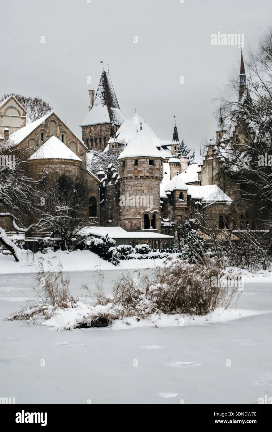 Budapest, Ungheria - 7 gennaio 2026: Vista delle torri e dei tetti di pietra del castello di Vajdahunyad spolverati di neve, un netto contrasto con la brina Foto Stock