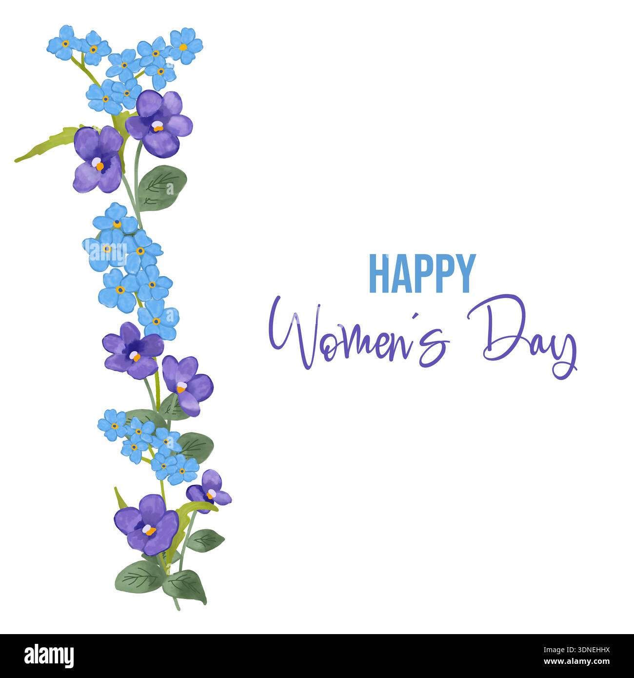 Cornice floreale ad acquerello dipinta a mano e illustrazione a corona con fiori blu Forget-me-nots e viola, progettata per la festa della donna e la primavera Foto Stock