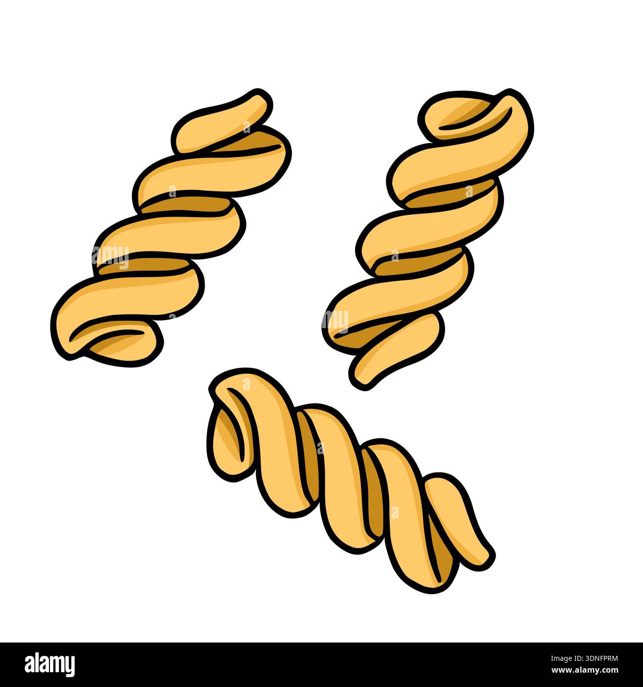 Illustrazione vettoriale di tre forme di pasta fusilli dorata su sfondo bianco Illustrazione Vettoriale