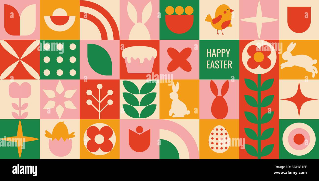 Vivace griglia a mosaico retrò con pulcini, conigli, uova, fiori e soli in audace tavolozza arancione, corallo e verde forme geometriche di metà secolo Illustrazione Vettoriale